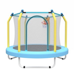 SEVOBAL 55" Trampoline for Kids with Enclosure Indoor Outdoor Small Toddler Trampoline with Basketball Hoop for Boys Girls, Blue, 55"*55"*44" - 1 of 4