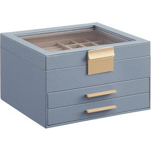 Jewelry Box Organizer with Glass Lid, 3-Layer Jewelry Storage, with 2 Drawers, Modern Style, Smoky Blue and Gold Color - 1 of 4