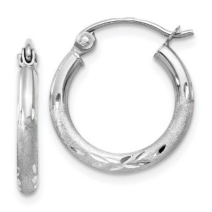 Black Bow Jewelry 2mm x 15mm 14k White Gold Satin & Diamond-Cut Round Hoop Earrings - 1 of 4