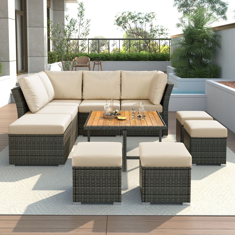 10 PCS Patio Rattan Furniture Set, Outdoor Conversation Sofa Set with CoffeeTable & Ottomans 4M -ModernLuxe, 2 of 12