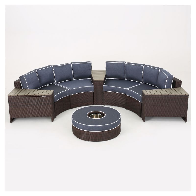 Madras Tortuga 8pc Wicker 1/2 Round Seating Set with Ice Bucket Ottoman - Navy Blue - Christopher Knight Home, 3 of 7
