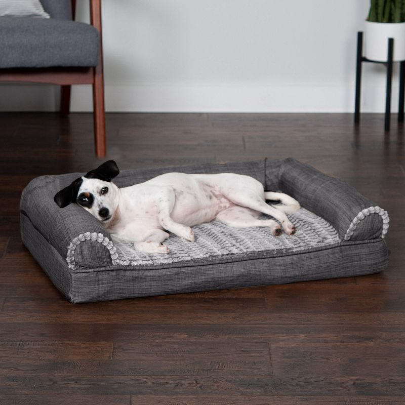 FurHaven Luxe Fur & Performance Linen Memory Foam Sofa Dog Bed, 3 of 7