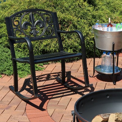 Black Cast Iron and Steel Fleur-de-Lis Outdoor Rocking Chair