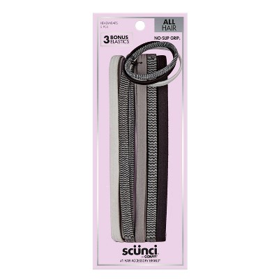 scunci No-Slip Grip Flat Elastic Headbands with Bonus Elastic Hair Ties - Grayscale - All Hair - 5pk