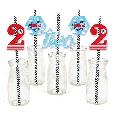 Big Dot of Happiness 2nd Birthday Taking Flight - Airplane - Paper Straw Decor - Vintage Plane Second Birthday Party Striped Decorative Straws - 24 ct