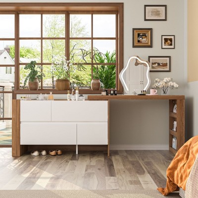 Famapy Brown and White Rotatable Make up Vanity Table With Storage Drawers
