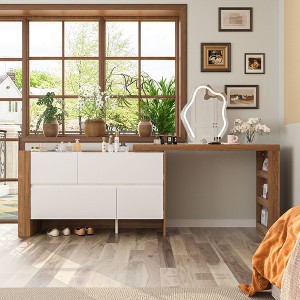 Famapy Brown and White Rotatable Make up Vanity Table With Storage Drawers - 1 of 4