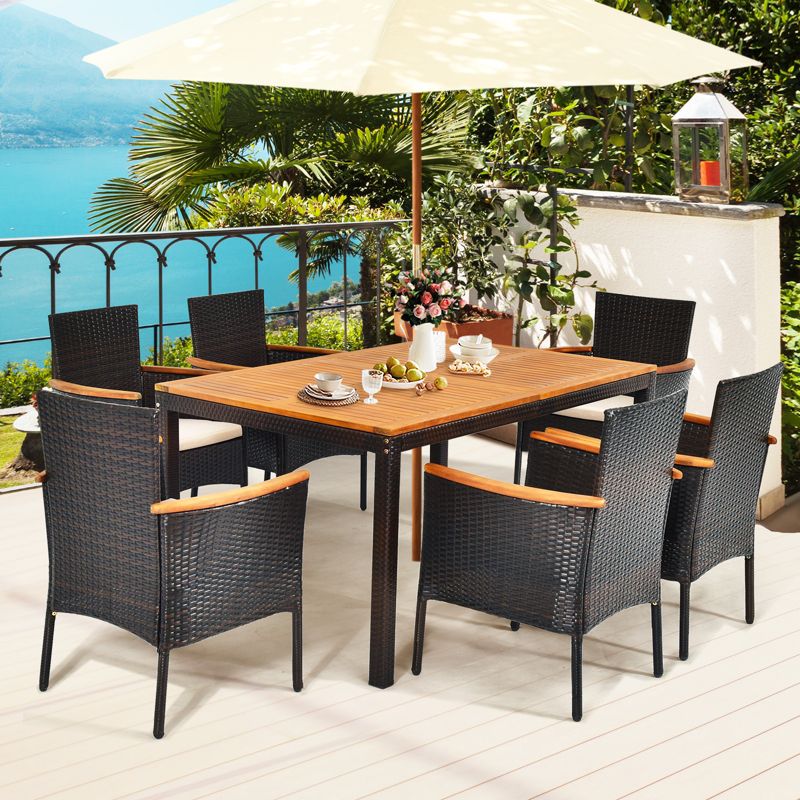 Tangkula 7-Piece Outdoor Dining Set Patio Rattan Table and Chairs Set with Umbrella Hole, 2 of 11