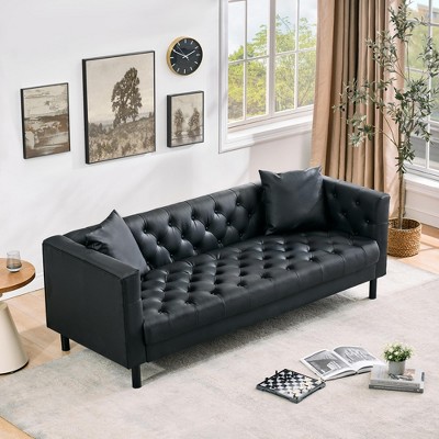 78" Leather Couch, Handmade Button Tufted 3 Seater Sofa, Charcoal Black