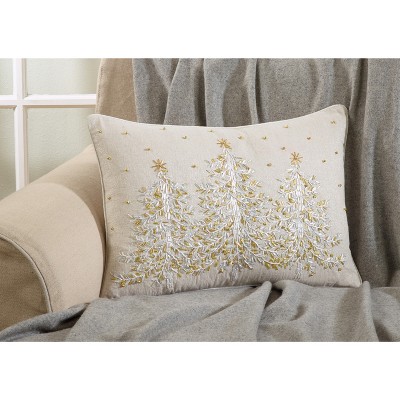 Tan Embroidered Christmas Tree Lumbar Pillow with Golden Beads