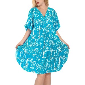 LA LEELA Women's House Daily Routine Evening Wear Vacation Holiday Casual Loungewear Relaxed Fit Caftan Mini Casual Sundress 2X-3X Blue, Floral - 1 of 4