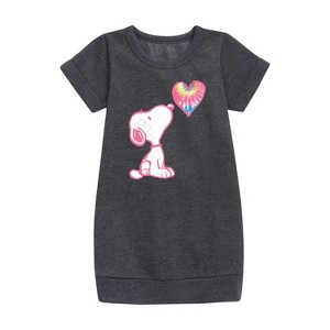 - Peanuts - Snoopy Pastel Rainbow Heart Graphic Short Sleeve Fleece Dress - 1 of 3