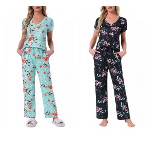 INSPIRE CHIC Women's 2 Pcs Short-Sleeve V-neck Tee & Drawstring Pants Pajama Sets with Pockets - 1 of 4
