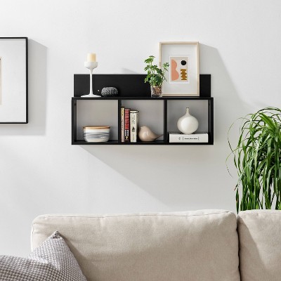 Black MDF 34" Floating Cube Wall Shelf with Display Ledge