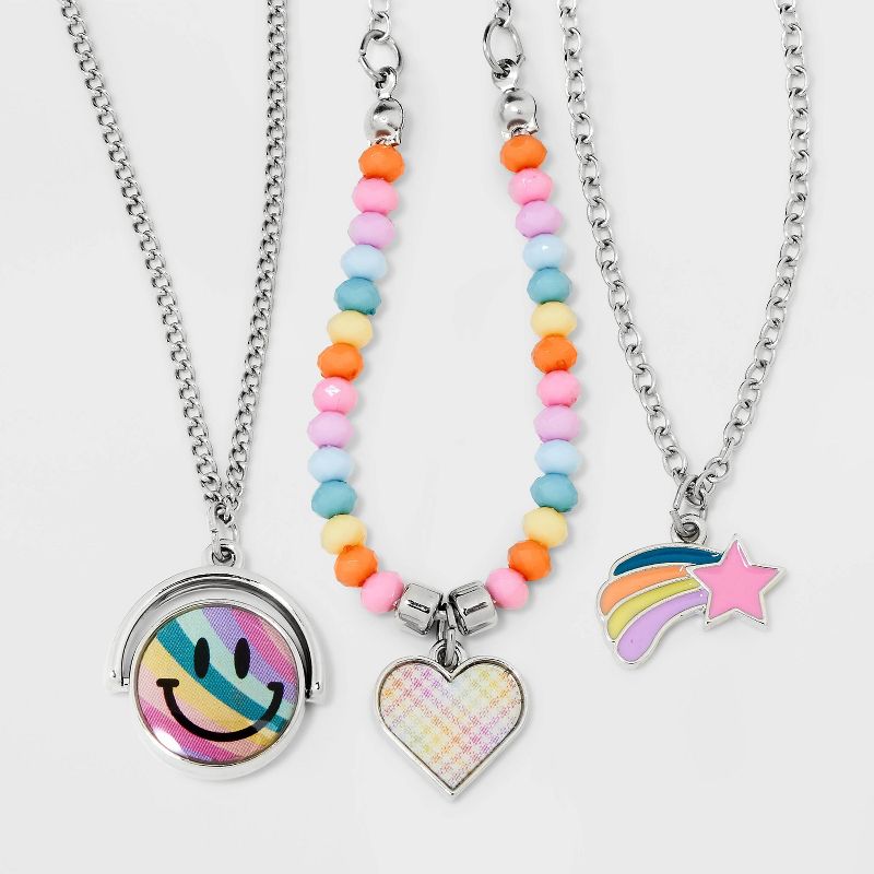 Girls&#39; 3pk Layered Necklace Set with Spinner Smiley Pendant - Cat &#38; Jack&#8482;, 1 of 6