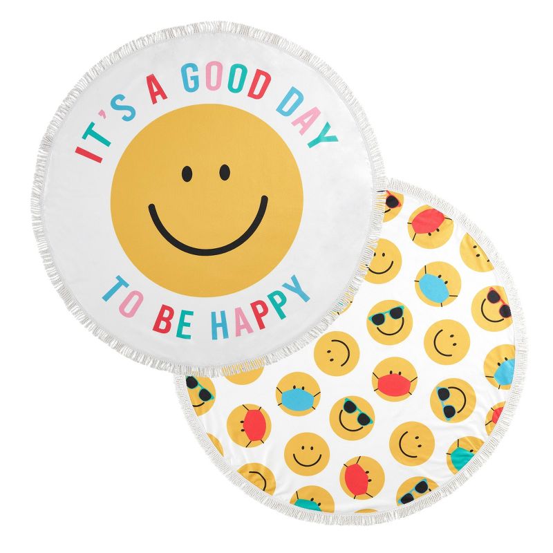 2pk Good Day To Be Happy Digital Printed Microfiber Round Beach Towels with Fringe White/Yellow - Mudd, 1 of 5