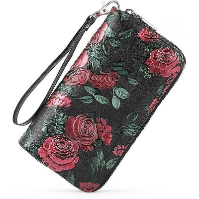 BEAFUP Women's Wallet,Creative Floral PrintLarge Capacity Double Zip Leather Wallet,RFID Blocking and Wristlet,(Random Print)