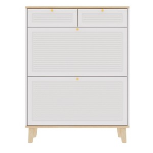 TiramisuBest Narrow Freestanding Shoe Storage Cabinet with 2 Flip Drawers, Natural Wood Legs – 8-16 Pairs Slim Entryway Organizer (Natural+White) - 1 of 4