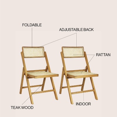 Theo Light Brown Wood and Rattan Folding Chairs, Set of 2