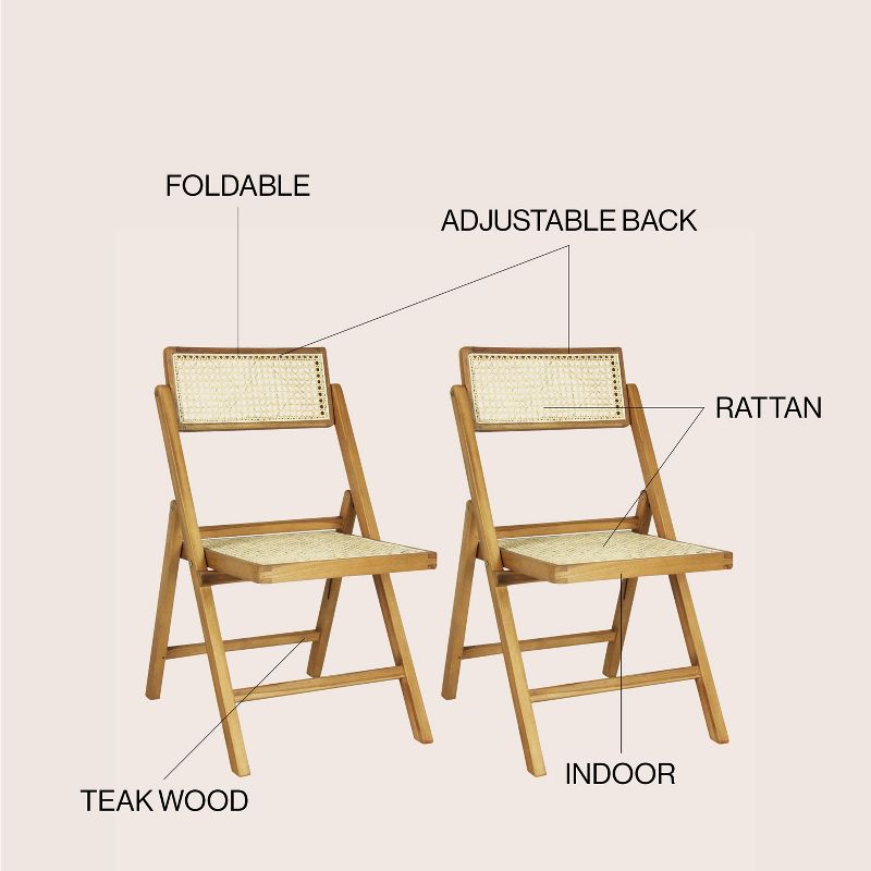Theo Mid-Century Vintage Wood Rattan Folding Chair with Adjustable Back - JONATHAN Y, 5 of 12