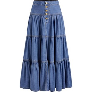Women's Tiered Denim Maxi Skirt - High Waisted Button Down Long Jean Skirt Mid Blue - 1 of 4