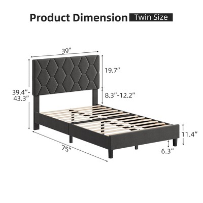 Product dimension diagram for twin size bed with measurements