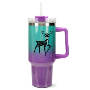 Elanze Designs 40 Ounce Ombre Travel Tumbler With Straw and Lid Stainless Steel Double Wall Insulated Graceful Forest Deer Teal and Purple Glitter - 1 of 4