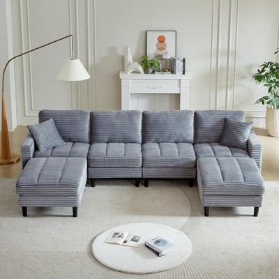 VASIP 122" U-Shaped Black Corduroy Sectional - Modular Sofa with 2 Pillows and Dual Ottomans, for Living Room,Apartment