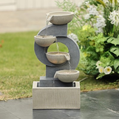 Gray and Cream Cascading Bowls Resin Outdoor Fountain with LED Lights