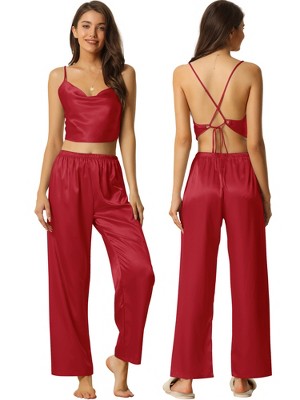 cheibear Women's Satin Cowl Neck Sleeveless Crop Cami Sleepwear with Pants Sliky Lounge Set
