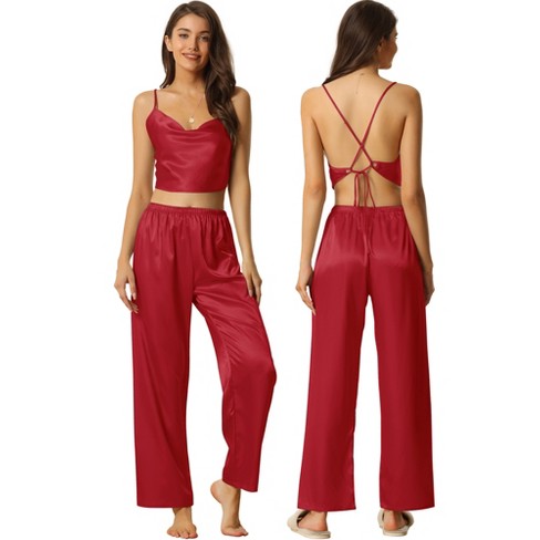 cheibear Womens Satin Pajamas Cowl Neck Sleeveless Crop Cami Sleepwear with Pants Sliky Lounge Set Red Large