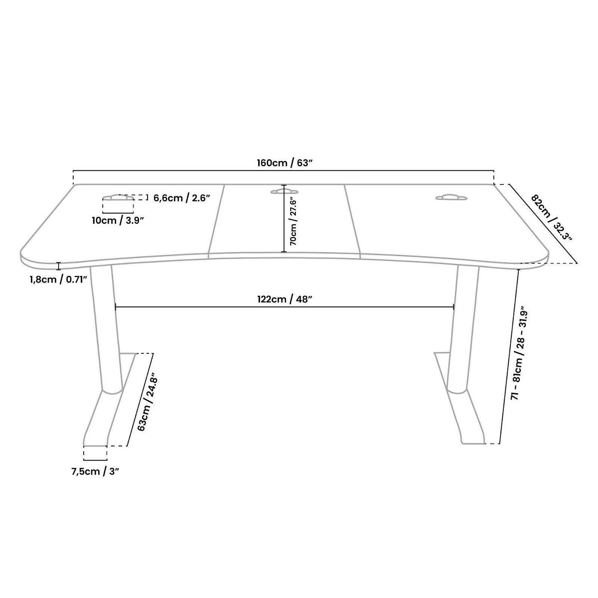 Arozzi Special Edition Ultrawide Curved Gaming and Office Desk and Washable Mouse Pad and 3 Custom Monitor Mount Cut Outs with Cable Management - thumbnail 10