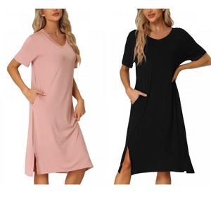 INSPIRE CHIC Women's 2 Pcs Split Hem Pajama Dress Casual V-Neck Short-Sleeve T-Shirt Dress Midi Nightshirt - 1 of 4