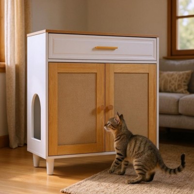 Modern Cat Litter Box Furniture with Charging Station and Scratcher, Hidden Litter Box Enclosure Cabinet for Living Room–The Pop Home
