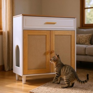 Modern Cat Litter Box Furniture with Charging Station and Scratcher, Hidden Litter Box Enclosure Cabinet for Living Room–The Pop Home - 1 of 4