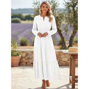 Women Casual Long Sleeve V Neck Elastic Waist Lightweight Maxi Wedding Guest Dress Pockets - 1 of 4