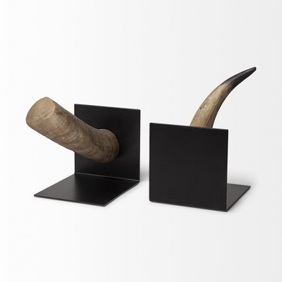 HomeRoots Set of Two 6" Brown and Black Ceramic Horn Decorative Bookends