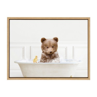 Bear Cub in Bubble Bath Framed Canvas Art, 18x24 Natural