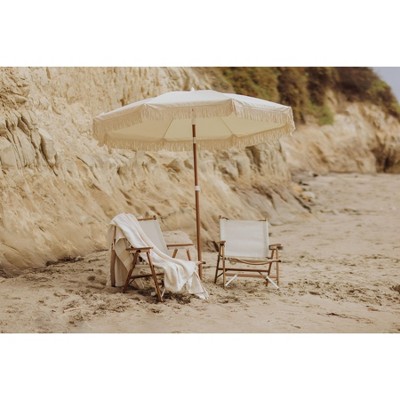 Las Palmas Beige Canvas and Wood Outdoor Folding Chair