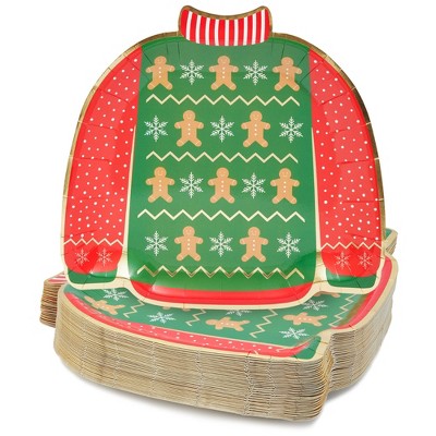 Blue Panda 48 Pack Ugly Christmas Sweater Paper Plates with Gingerbread Design for Holiday Party, 9.5 In