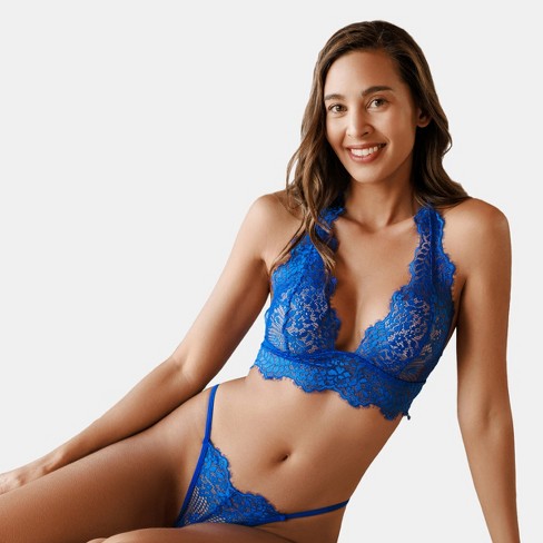 Women's Dreamy Blue Floral Lace Halter Bralette & Strappy Thong