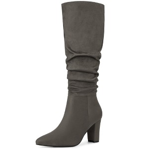Allegra K Women's Winter Pointed Toe Chunky Heel Knee High Dress Boots - 1 of 4