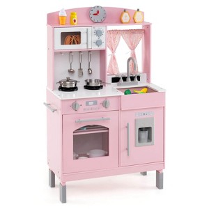 Costway Play Kitchen with 3 Adjustable Heights, Microwave, Stoves, Sink, Oven, Ice Maker White/Pink - 1 of 4