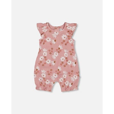 Deux par Deux Girl Printed Muslin Romper Pink and White Flowers
