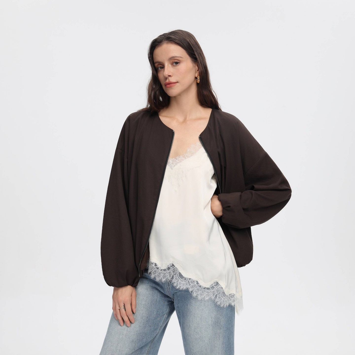 Женская куртка A New Day Long Sleeve Zip-Front Bubble, цвет: Коричневый — фото 6