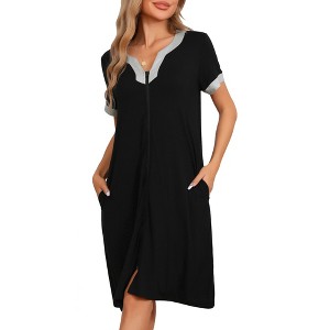 cheibear Women's Zipper Front Short Sleeves V-neck Nightgown with Pockets - 1 of 4