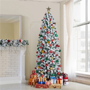 Yaheetech 6Ft/7.5Ft Flocked Pencil Artificial Christmas Tree Snow Frosted Christmas Tree, Green - 1 of 4