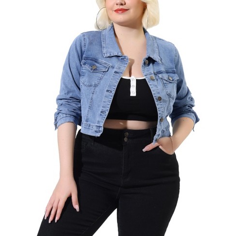 Agnes Orinda Women's Plus Size Long Sleeves Collarless Denim Jacket Blue 1X