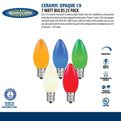 Novelty Lights Ceramic Multicolor C9 Incandescent Traditional Vintage Christmas Replacement Bulbs 25 Pack