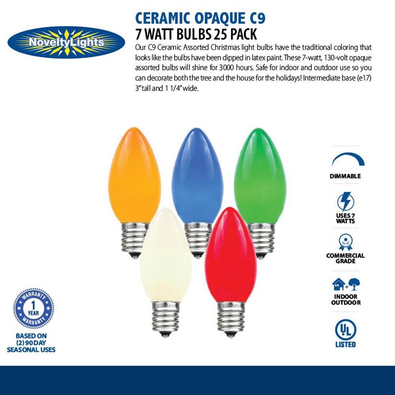 Novelty Lights Ceramic C9 Incandescent Traditional Vintage Christmas Replacement Bulbs 25 Pack, 5 of 8